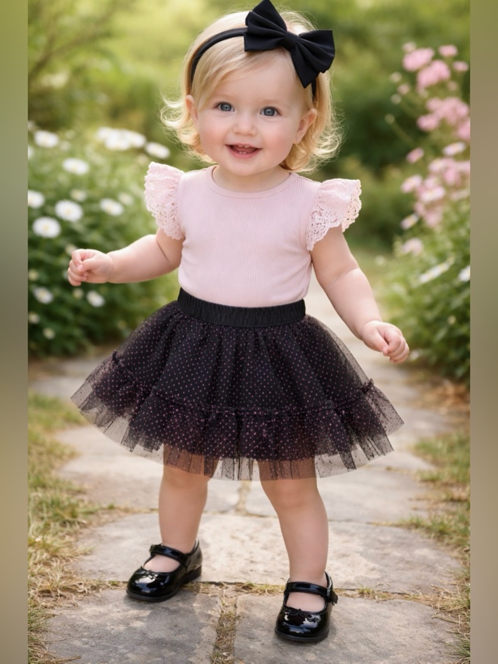 Girls Ruffled Tutu Skirt
Black with pink glittery polka dots 
Condition: NWT